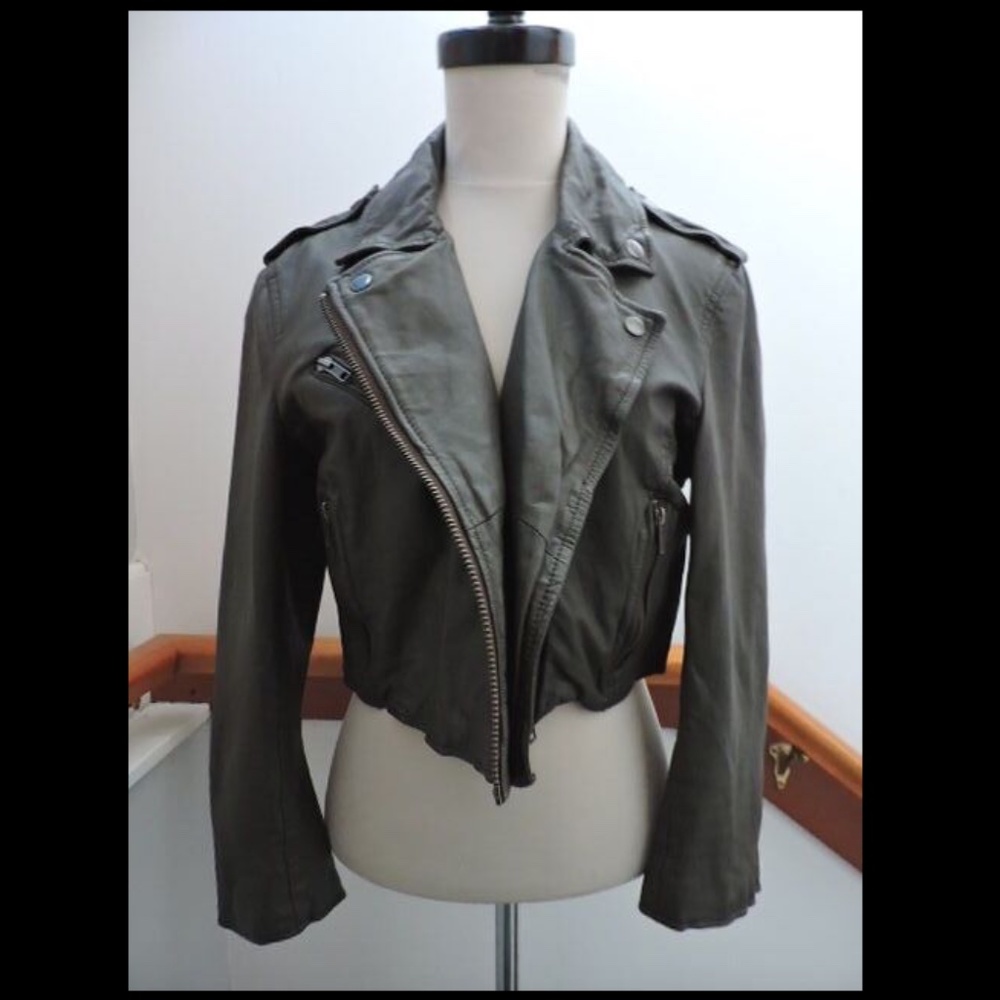MUUBAA THANATOS ARMY GREY CROP BIKER JACKET US 8